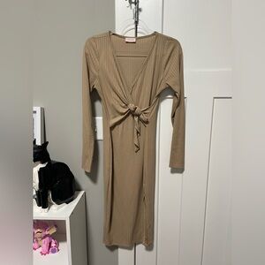 Pink Lily Tan Long Sleeve Knot Dress